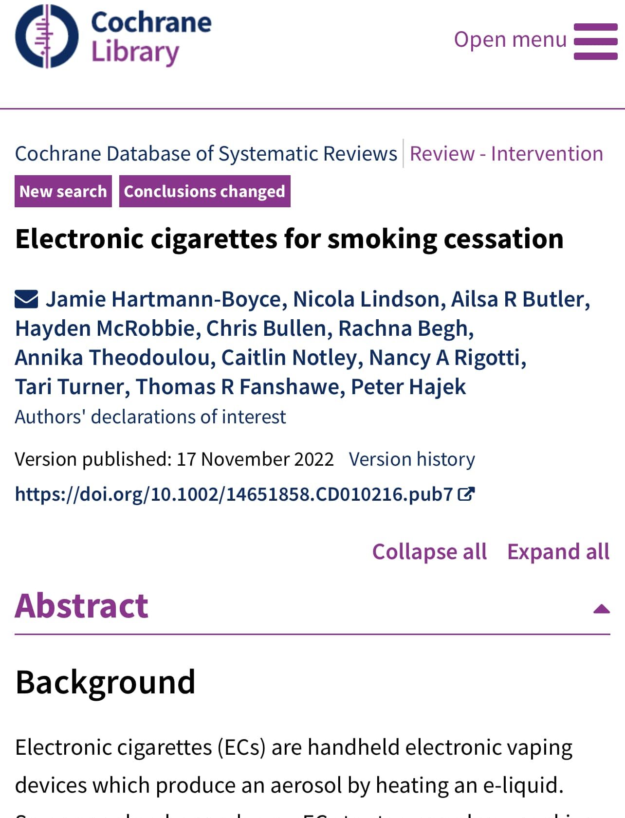 ACTUALIZACION Cochrane – Cigarrillos electrónicos para dejar de fumar: «Hay pruebas de alta certeza de que los cigarrillos electrónicos con nicotina aumentan las tasas de abandono en comparación con la terapia de reemplazo de nicotina…»